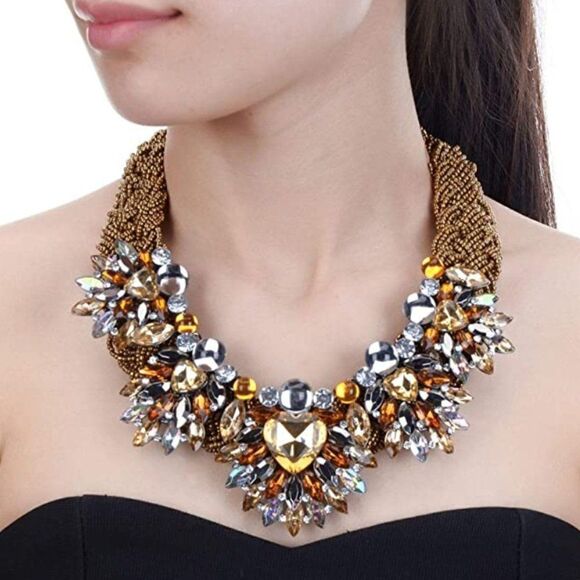 Yellow Gold with Multicolor Austrian Crystal & Beaded Chunky Collar Bib Necklace - Picture 6 of 6